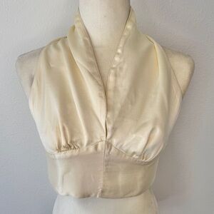 California Things Satin Cream Cropped Deep V Neck Tie Back Halter Top One Size